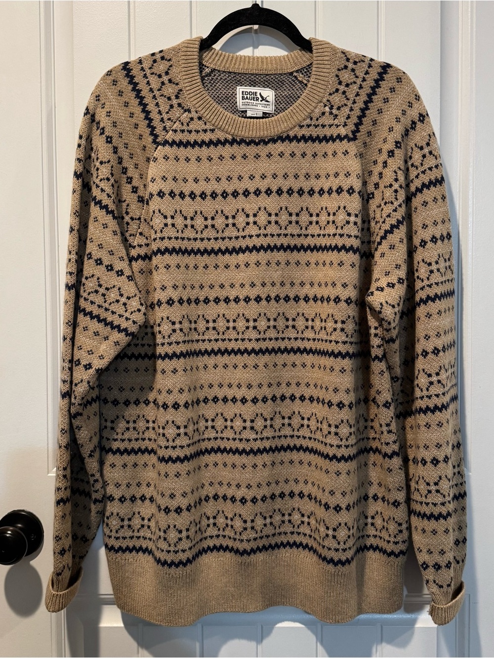 Eddie Bauer Tan and Navy Fair Isle Crewneck Sweater